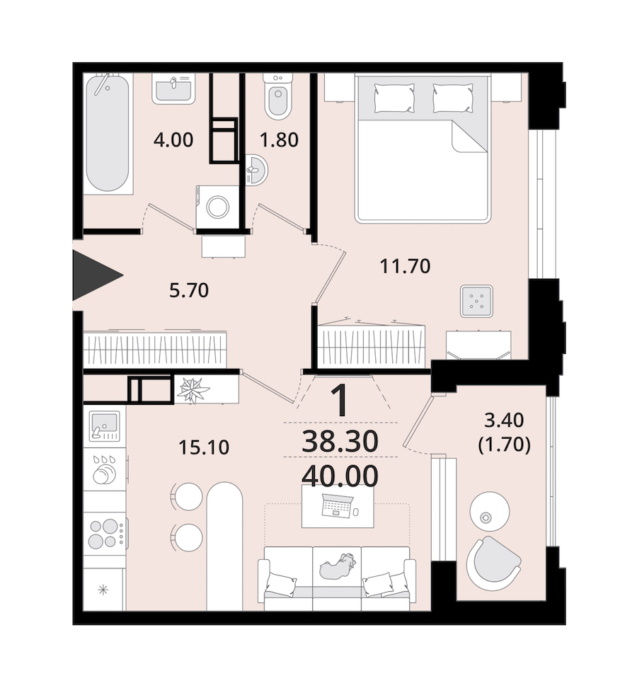 1-комнатная квартира 40 м², 13/13 эт., ЖК «Тайм Сквер»